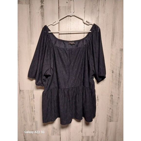 LANE BRYANT Women’s Navy Eyelet 3/4 Sleeve Off The Shoulder Blouse Size 26/28 - Picture 1 of 7